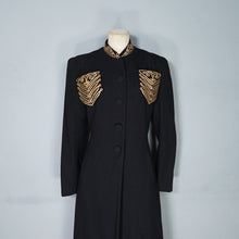 Load image into Gallery viewer, 30s 40s LONG BLACK WOOL COAT WITH GOLD MILITARY STYLE POCKETS AND COLLAR - S-M