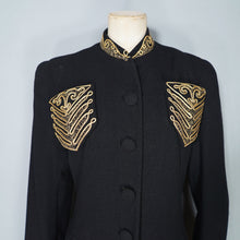 Load image into Gallery viewer, 30s 40s LONG BLACK WOOL COAT WITH GOLD MILITARY STYLE POCKETS AND COLLAR - S-M