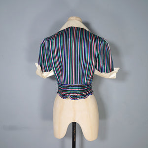70s CROPPED SATIN STRIPE PATTERN BIG COLLAR SHIRT - S