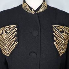 Load image into Gallery viewer, 30s 40s LONG BLACK WOOL COAT WITH GOLD MILITARY STYLE POCKETS AND COLLAR - S-M