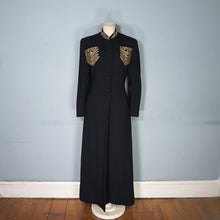 Load image into Gallery viewer, 30s 40s LONG BLACK WOOL COAT WITH GOLD MILITARY STYLE POCKETS AND COLLAR - S-M