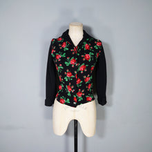 Load image into Gallery viewer, 60s 70s BLACK WOOL JERSEY ROSE PATTERN FLORAL CARDIGAN - XS