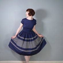 Load image into Gallery viewer, 50s 60s COUNTRY CLOTHES NAVY BLUE AND WHITE GRID PRINT FULL SKIRT WOOL DRESS - S