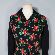 Load image into Gallery viewer, 60s 70s BLACK WOOL JERSEY ROSE PATTERN FLORAL CARDIGAN - XS