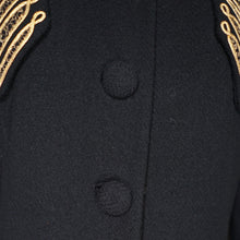 Load image into Gallery viewer, 30s 40s LONG BLACK WOOL COAT WITH GOLD MILITARY STYLE POCKETS AND COLLAR - S-M