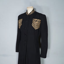 Load image into Gallery viewer, 30s 40s LONG BLACK WOOL COAT WITH GOLD MILITARY STYLE POCKETS AND COLLAR - S-M