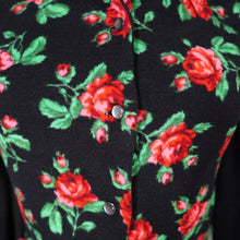 Load image into Gallery viewer, 60s 70s BLACK WOOL JERSEY ROSE PATTERN FLORAL CARDIGAN - XS