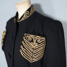 Load image into Gallery viewer, 30s 40s LONG BLACK WOOL COAT WITH GOLD MILITARY STYLE POCKETS AND COLLAR - S-M
