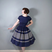 Load image into Gallery viewer, 50s 60s COUNTRY CLOTHES NAVY BLUE AND WHITE GRID PRINT FULL SKIRT WOOL DRESS - S