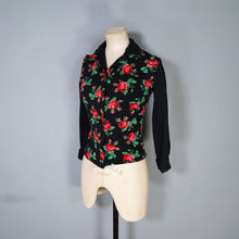 Load image into Gallery viewer, 60s 70s BLACK WOOL JERSEY ROSE PATTERN FLORAL CARDIGAN - XS