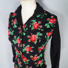 Load image into Gallery viewer, 60s 70s BLACK WOOL JERSEY ROSE PATTERN FLORAL CARDIGAN - XS