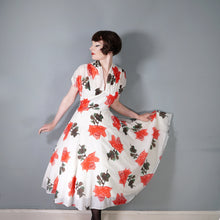 Load image into Gallery viewer, 50s SILKY NYLON WHITE AND RED ROSE FLORAL PRINT SALLY SLADE PARTY DRESS - M