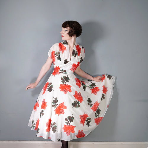 50s SILKY NYLON WHITE AND RED ROSE FLORAL PRINT SALLY SLADE PARTY DRESS - M