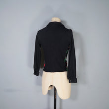Load image into Gallery viewer, 60s 70s BLACK WOOL JERSEY ROSE PATTERN FLORAL CARDIGAN - XS