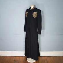 Load image into Gallery viewer, 30s 40s LONG BLACK WOOL COAT WITH GOLD MILITARY STYLE POCKETS AND COLLAR - S-M