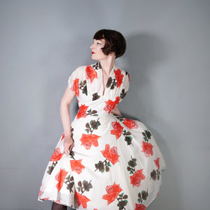 50s SILKY NYLON WHITE AND RED ROSE FLORAL PRINT SALLY SLADE PARTY DRESS - M