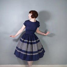 Load image into Gallery viewer, 50s 60s COUNTRY CLOTHES NAVY BLUE AND WHITE GRID PRINT FULL SKIRT WOOL DRESS - S