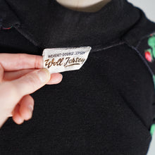 Load image into Gallery viewer, 60s 70s BLACK WOOL JERSEY ROSE PATTERN FLORAL CARDIGAN - XS