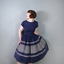Load image into Gallery viewer, 50s 60s COUNTRY CLOTHES NAVY BLUE AND WHITE GRID PRINT FULL SKIRT WOOL DRESS - S