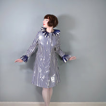Load image into Gallery viewer, 60s LA FLAQUE DE PARIS BLUE WHITE STRIPED RAINCOAT WITH CIRCUS RUFFLE NECK AND CUFFS - S-M