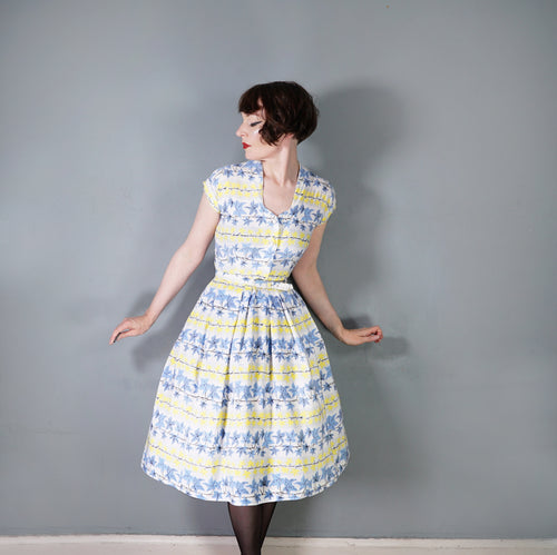 40s / 50s ST MICHAEL IVY LEAF PRINT YELLOW AND BLUE SHIRTWAIST DRESS - S