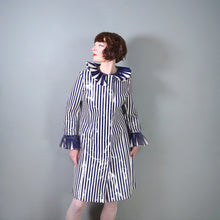 Load image into Gallery viewer, 60s LA FLAQUE DE PARIS BLUE WHITE STRIPED RAINCOAT WITH CIRCUS RUFFLE NECK AND CUFFS - S-M