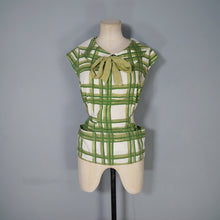 Load image into Gallery viewer, 50s GREEN CHECK COLLARED BLOUSE TOP WITH BOW - S