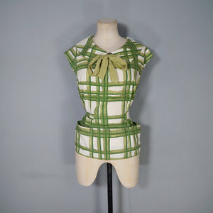 50s GREEN CHECK COLLARED BLOUSE TOP WITH BOW - S