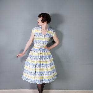 40s / 50s ST MICHAEL IVY LEAF PRINT YELLOW AND BLUE SHIRTWAIST DRESS - S