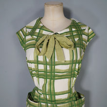 Load image into Gallery viewer, 50s GREEN CHECK COLLARED BLOUSE TOP WITH BOW - S