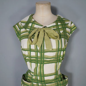 50s GREEN CHECK COLLARED BLOUSE TOP WITH BOW - S
