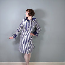 Load image into Gallery viewer, 60s LA FLAQUE DE PARIS BLUE WHITE STRIPED RAINCOAT WITH CIRCUS RUFFLE NECK AND CUFFS - S-M