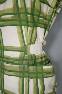 50s GREEN CHECK COLLARED BLOUSE TOP WITH BOW - S