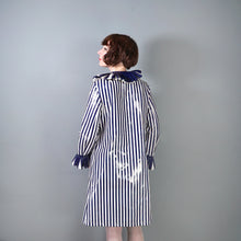 Load image into Gallery viewer, 60s LA FLAQUE DE PARIS BLUE WHITE STRIPED RAINCOAT WITH CIRCUS RUFFLE NECK AND CUFFS - S-M