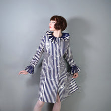 Load image into Gallery viewer, 60s LA FLAQUE DE PARIS BLUE WHITE STRIPED RAINCOAT WITH CIRCUS RUFFLE NECK AND CUFFS - S-M