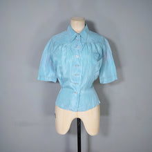 Load image into Gallery viewer, 40s MINT BLUE SILKY PUFF SLEEVE SHIRT / BLOUSE - M-L