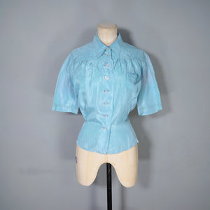 40s MINT BLUE SILKY PUFF SLEEVE SHIRT / BLOUSE - M-L