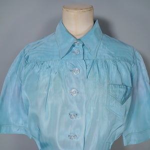40s MINT BLUE SILKY PUFF SLEEVE SHIRT / BLOUSE - M-L