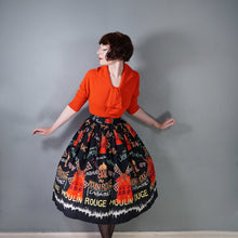 Load image into Gallery viewer, 50s BLACK AND RED MOULAIN ROUGE PARIS NOVELTY PRINT FULL SKIRT WITH BELT - 26"