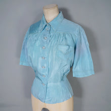 Load image into Gallery viewer, 40s MINT BLUE SILKY PUFF SLEEVE SHIRT / BLOUSE - M-L