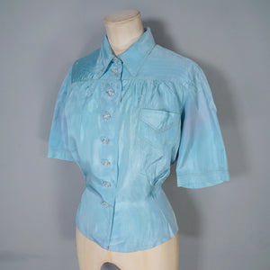 40s MINT BLUE SILKY PUFF SLEEVE SHIRT / BLOUSE - M-L
