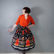 Load image into Gallery viewer, 50s BLACK AND RED MOULAIN ROUGE PARIS NOVELTY PRINT FULL SKIRT WITH BELT - 26"
