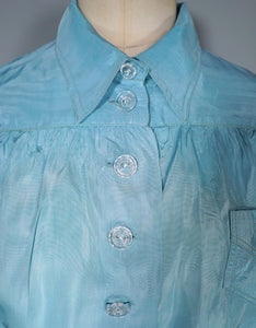 40s MINT BLUE SILKY PUFF SLEEVE SHIRT / BLOUSE - M-L
