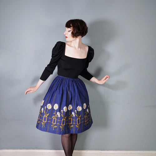 60s DARK BLUE DAISY AND TROMP L'OEIL BUCKLE PRINT FULL COTTON SKIRT - 25