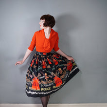Load image into Gallery viewer, 50s BLACK AND RED MOULAIN ROUGE PARIS NOVELTY PRINT FULL SKIRT WITH BELT - 26"