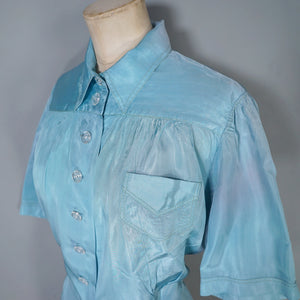 40s MINT BLUE SILKY PUFF SLEEVE SHIRT / BLOUSE - M-L