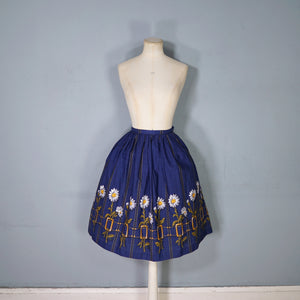 60s DARK BLUE DAISY AND TROMP L'OEIL BUCKLE PRINT FULL COTTON SKIRT - 25"