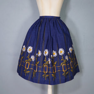 60s DARK BLUE DAISY AND TROMP L'OEIL BUCKLE PRINT FULL COTTON SKIRT - 25"