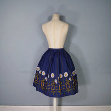Load image into Gallery viewer, 60s DARK BLUE DAISY AND TROMP L&#39;OEIL BUCKLE PRINT FULL COTTON SKIRT - 25&quot;