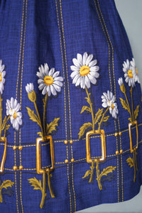 60s DARK BLUE DAISY AND TROMP L'OEIL BUCKLE PRINT FULL COTTON SKIRT - 25"